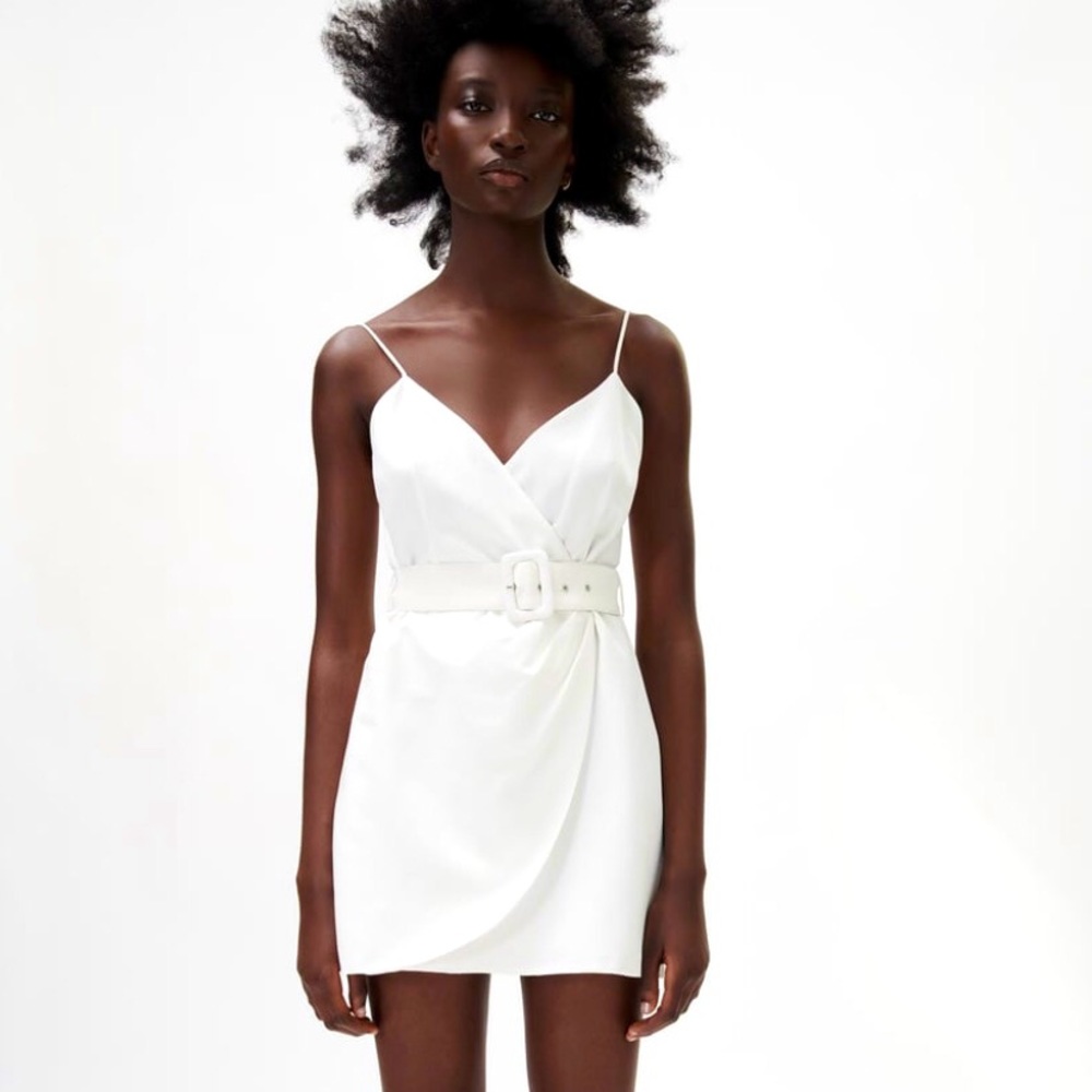 ZARA LINEN BLEND BELTED DRESS Color: WHITE